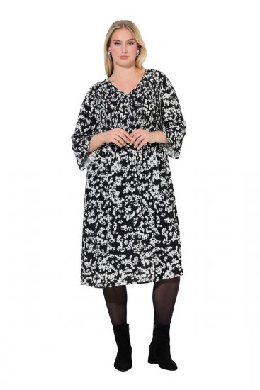 Ulla Popken 845825 Geblümtes Midikleid mit 3/4-Ärmeln Schwarz - Midikleider - Midikleider in großen Größen