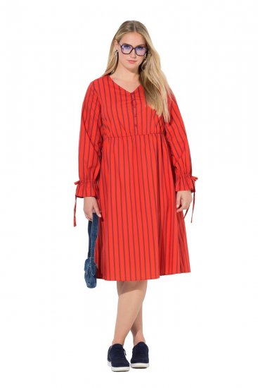 Ulla Popken 845863 Gestreiftes Midikleid mit Bindegürtel Koralle - Midikleider - Midikleider in großen Größen