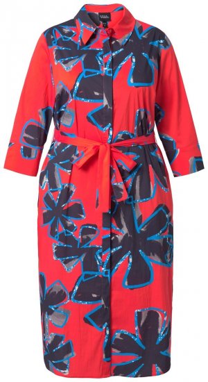 Ulla Popken 846164 Geblümtes Hemdblusenkleid Rot - Midikleider - Midikleider in großen Größen