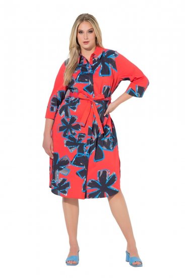 Ulla Popken 846164 Geblümtes Hemdblusenkleid Rot - Midikleider - Midikleider in großen Größen