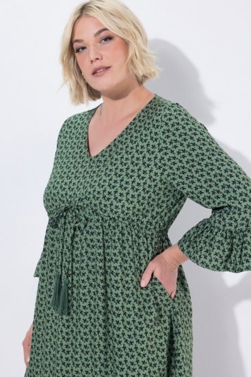 Ulla Popken 847798 Midikleid in A-Linie mit V-Ausschnitt Dunkelgrün - Midikleider - Midikleider in großen Größen