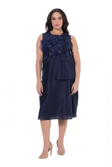 Ulla Popken 847918 Geblümtes Chiffonkleid Dunkelblau - Midikleider - Midikleider in großen Größen