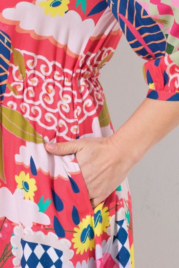 Ulla Popken 848015 Gemustertes Midikleid mit Tunnelzug Rosa - Midikleider - Midikleider in großen Größen