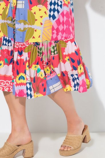 Ulla Popken 848015 Gemustertes Midikleid mit Tunnelzug Rosa - Midikleider - Midikleider in großen Größen