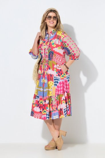 Ulla Popken 848015 Gemustertes Midikleid mit Tunnelzug Rosa - Midikleider - Midikleider in großen Größen