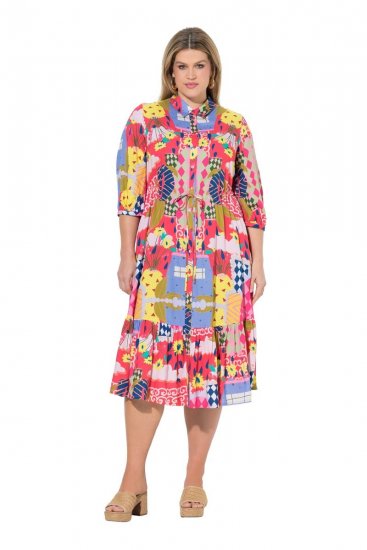 Ulla Popken 848015 Gemustertes Midikleid mit Tunnelzug Rosa - Midikleider - Midikleider in großen Größen