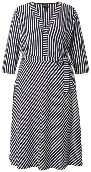Ulla Popken 848052 Gestreiftes Midikleid mit Bindegürtel Schwarz - Midikleider - Midikleider in großen Größen