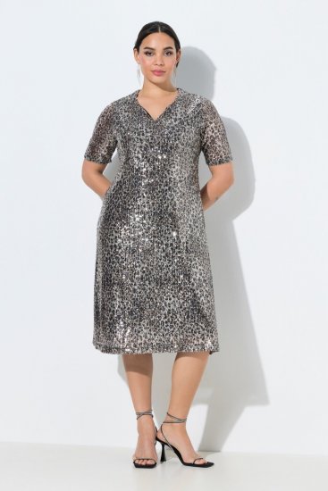 Ulla Popken 848137 Paillettenkleid mit Animal-Print Beige - Abendkleider - Abendkleider für Damen in großen Größen