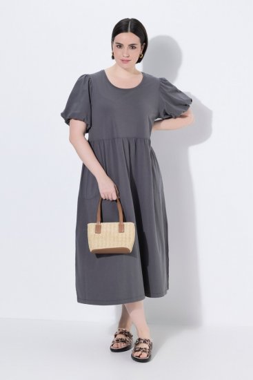 Ulla Popken 848575 Kurzärmliges Maxikleid mit Taschen Anthrazit - Maxikleider - Große Größen: Lange Maxikleider