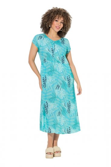 Ulla Popken 848696 Gemustertes Midikleid mit V-Ausschnitt Türkis - Midikleider - Midikleider in großen Größen