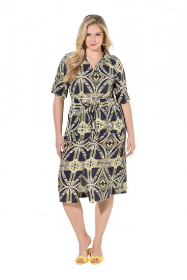 Ulla Popken 848789 Gemustertes Midikleid mit Taschen Dunkelblau - Midikleider - Midikleider in großen Größen
