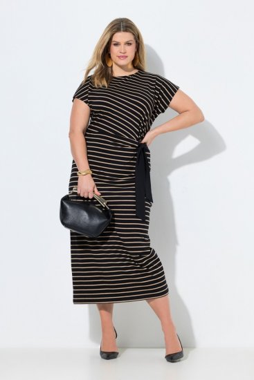 Ulla Popken 848921 Gestreiftes Jerseykleid mit Bindegürtel Schwarz - Maxikleider - Große Größen: Lange Maxikleider
