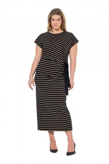 Ulla Popken 848921 Gestreiftes Jerseykleid mit Bindegürtel Schwarz - Maxikleider - Große Größen: Lange Maxikleider