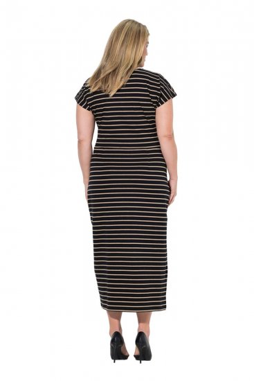 Ulla Popken 848921 Gestreiftes Jerseykleid mit Bindegürtel Schwarz - Maxikleider - Große Größen: Lange Maxikleider
