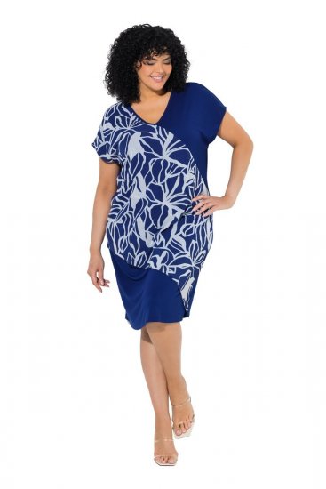 Ulla Popken 849033 Kurzärmliges Chiffonkleid mit V-Ausschnitt Dunkelblau - Kleider - Kleider für jede Größe