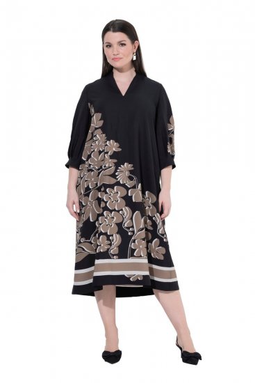 Ulla Popken 849423 Geblümtes Kleid mit 3/4-Ärmeln Schwarz - Maxikleider - Große Größen: Lange Maxikleider