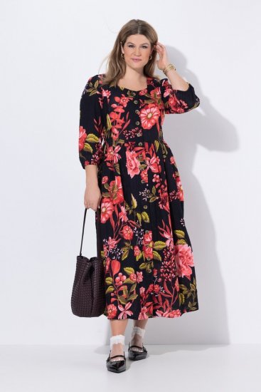 Ulla Popken 849593 Geblümtes Hemdblusenkleid Dunkelblau - Maxikleider - Große Größen: Lange Maxikleider