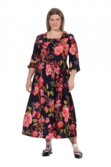 Ulla Popken 849593 Geblümtes Hemdblusenkleid Dunkelblau - Maxikleider - Große Größen: Lange Maxikleider