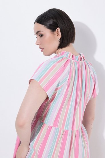 Ulla Popken 849969 Gestreiftes Midikleid mit Volants Rosa - Midikleider - Midikleider in großen Größen