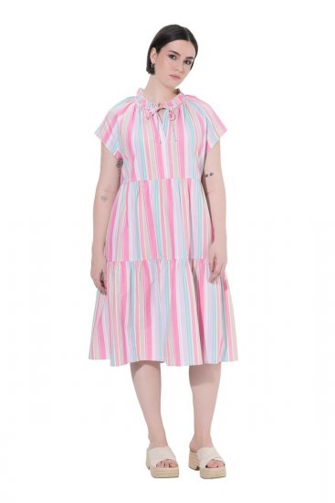 Ulla Popken 849969 Gestreiftes Midikleid mit Volants Rosa - Midikleider - Midikleider in großen Größen
