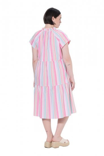 Ulla Popken 849969 Gestreiftes Midikleid mit Volants Rosa - Midikleider - Midikleider in großen Größen
