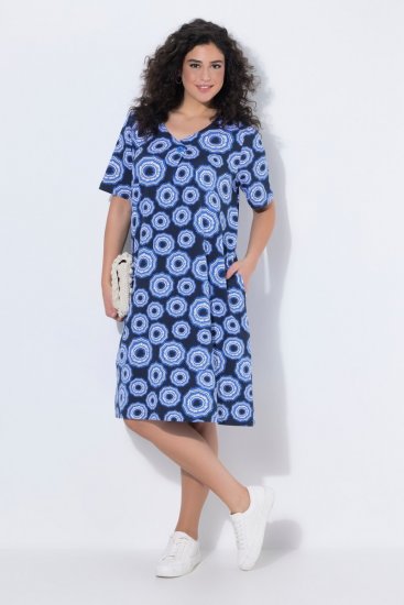 Ulla Popken 850121 Kurzärmliges Jerseykleid mit V-Ausschnitt Blau - Jerseykleider - 