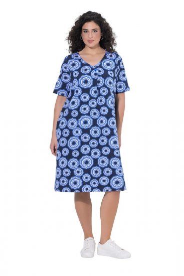 Ulla Popken 850121 Kurzärmliges Jerseykleid mit V-Ausschnitt Blau - Jerseykleider - 