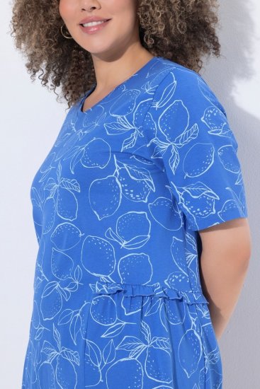 Ulla Popken 850204 Gemustertes T-Shirt-Kleid mit Volants Blau - Jerseykleider - 