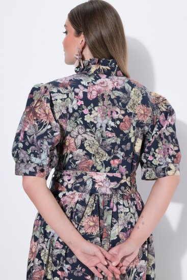 Ulla Popken 850298 Geblümtes Hemdblusenkleid Dunkelblau - Maxikleider - Große Größen: Lange Maxikleider