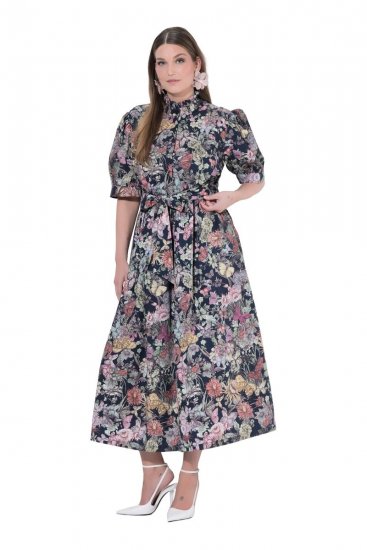 Ulla Popken 850298 Geblümtes Hemdblusenkleid Dunkelblau - Maxikleider - Große Größen: Lange Maxikleider
