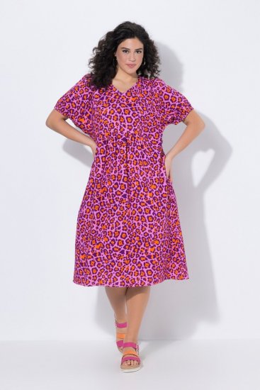 Ulla Popken 850346 Gemustertes Kleid mit V-Ausschnitt Rosa - Midikleider - Midikleider in großen Größen