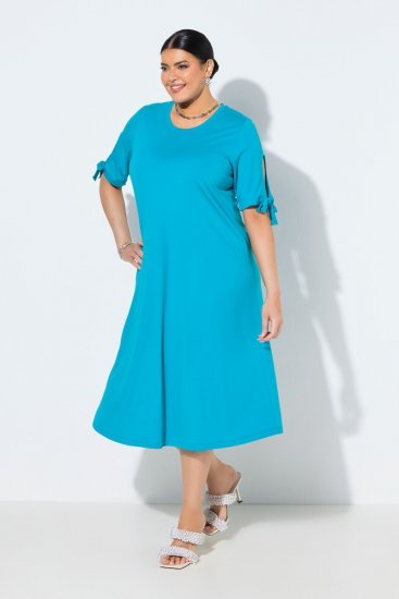 Ulla Popken 850724 Kurzärmliges Midikleid mit Bindegürtel Türkis - Midikleider - Midikleider in großen Größen