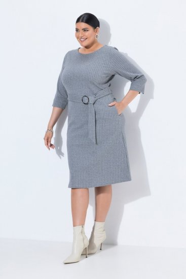Ulla Popken 851666 Gestreiftes Midikleid mit 3/4-Ärmeln Grau meliert - Midikleider - Midikleider in großen Größen