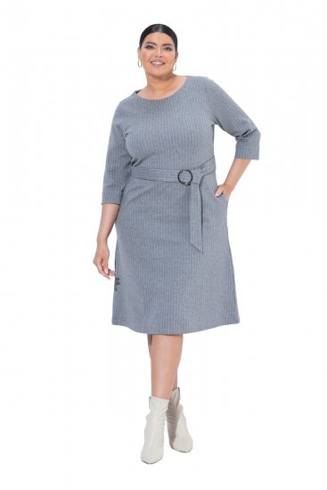 Ulla Popken 851666 Gestreiftes Midikleid mit 3/4-Ärmeln Grau meliert - Midikleider - Midikleider in großen Größen