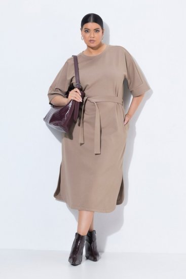 Ulla Popken 852288 Kurzärmliges Midikleid mit Bindegürtel Hellbraun - Midikleider - Midikleider in großen Größen