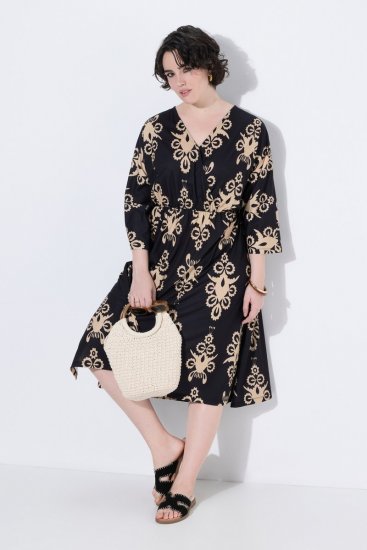 Ulla Popken 852315 Gemustertes Wickelkleid Schwarz - Midikleider - Midikleider in großen Größen