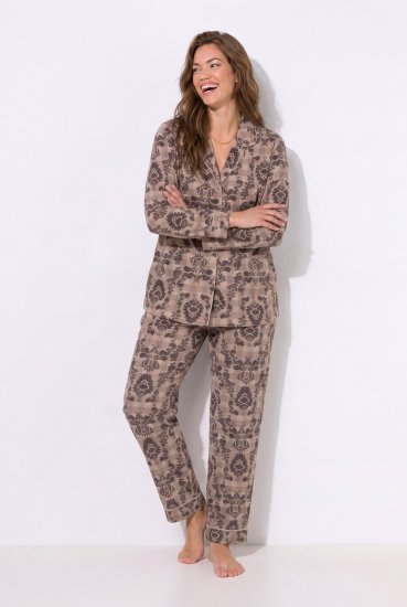Ulla Popken 852649 Pyjama mit Muster und Hemdkragen Braun - Pyjama/Loungewear - 