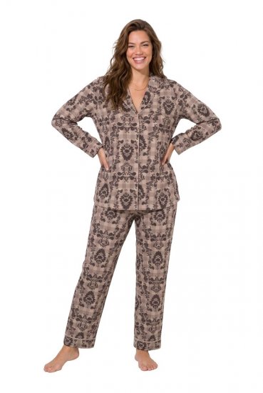 Ulla Popken 852649 Pyjama mit Muster und Hemdkragen Braun - Pyjama/Loungewear - 