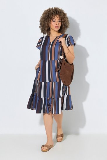 Ulla Popken 852771 Gestreiftes Kleid mit Volants Dunkelblau - Kleider - Kleider für jede Größe