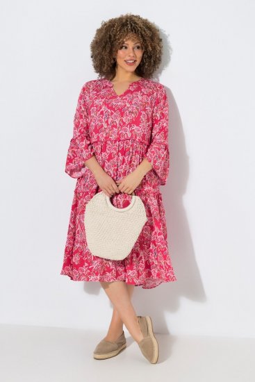 Ulla Popken 852841 Geblümtes Kleid mit Volants Magenta - Midikleider - Midikleider in großen Größen