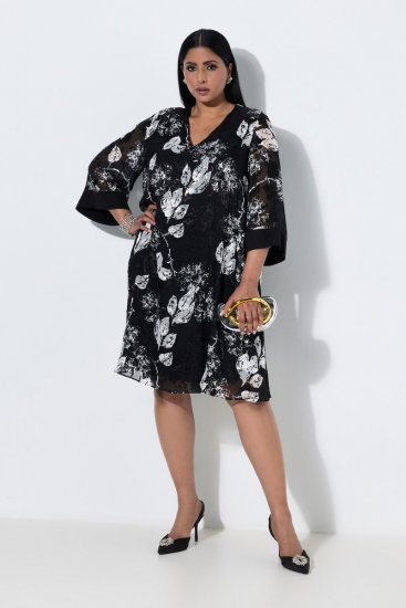 Ulla Popken 852959 Geblümtes Kleid mit 3/4-Ärmeln Schwarz - Midikleider - Midikleider in großen Größen