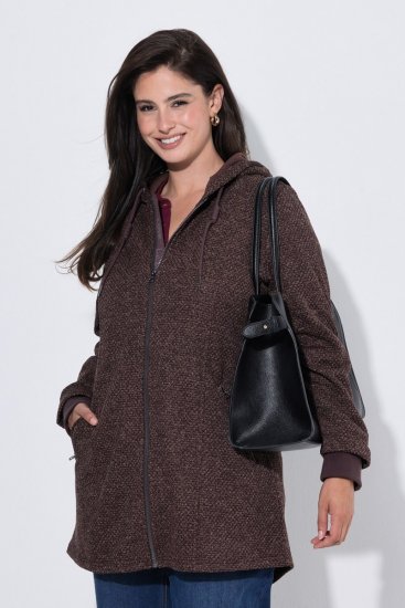 Ulla Popken 853577 Strickfleece-Jacke mit Kapuze und Schriftzug Mahagonibraun - Fleecekleidung - 