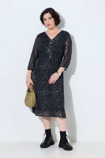 Ulla Popken 853620 Midikleid mit Animal-Print und 3/4-Ärmeln Schwarz - Midikleider - Midikleider in großen Größen
