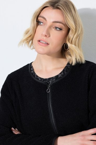 Ulla Popken 853685 Kurze Teddyjacke mit Lederoptik-Paspel Schwarz - Jacken - Große Jacken für Damen