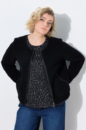 Ulla Popken 853685 Kurze Teddyjacke mit Lederoptik-Paspel Schwarz - Jacken - Große Jacken für Damen