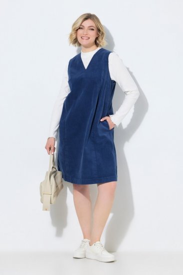 Ulla Popken 853697 Ärmelloses Cordkleid mit V-Ausschnitt Dunkelblau - Sommerkleider - Große Größen: Leichte Sommerkleider
