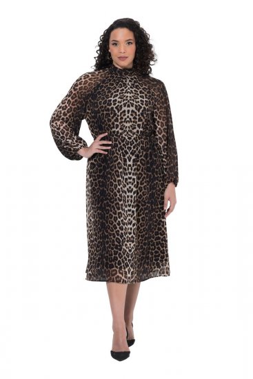 Ulla Popken 853788 Chiffonkleid mit Animal-Print Hellbraun - Maxikleider - Große Größen: Lange Maxikleider