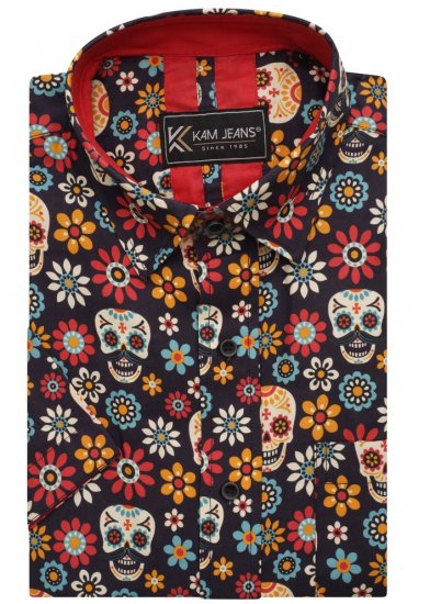 Kam Jeans 6040 Floral Skull Print Shirt Black - Herrenhemden - Herrenhemden in großen Größen