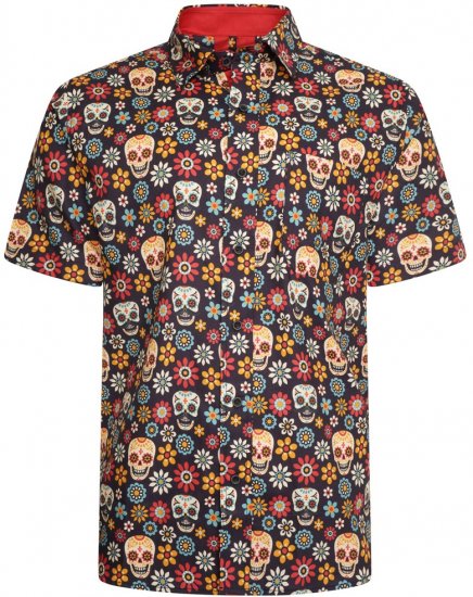 Kam Jeans 6040 Floral Skull Print Shirt Black - Herrenhemden - Herrenhemden in großen Größen