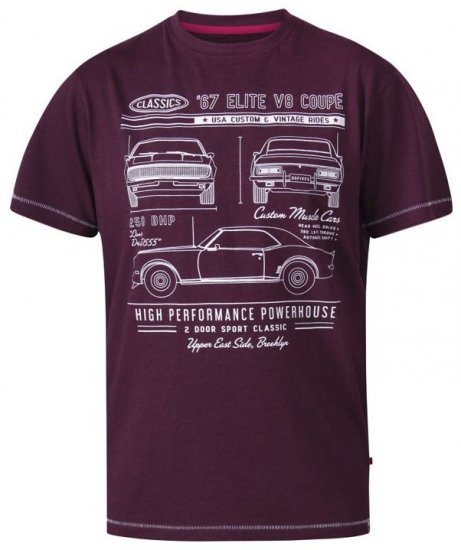 D555 Brady Classic Cars Crew Neck T-Shirt Burgundy - Herren-T-Shirts - Herren-T-Shirts in großen Größen